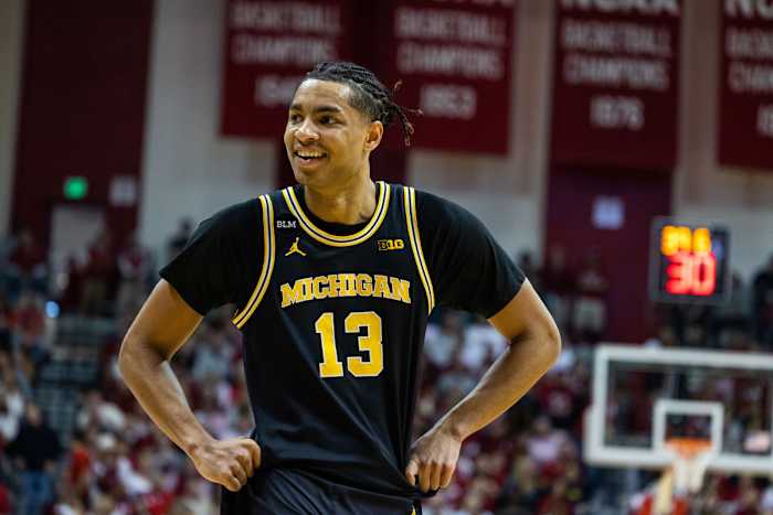 Mar 5, 2023; Bloomington, Indiana, USA; Michigan Wolverines guard Jett Howard (13) in the first half against the Indiana Hoosiers at Simon Skjodt Assembly Hall. Mandatory Credit: Trevor Ruszkowski-USA TODAY Sports